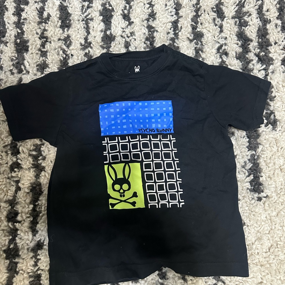 Psycho Bunny Black and Blue Short Sleeve Tee with Geometric Design